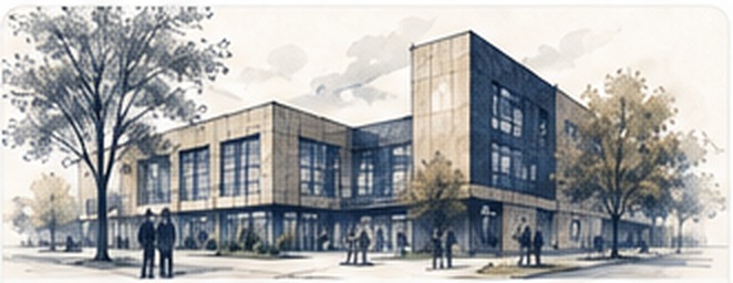 Artistic drawing of a contemporary community hub